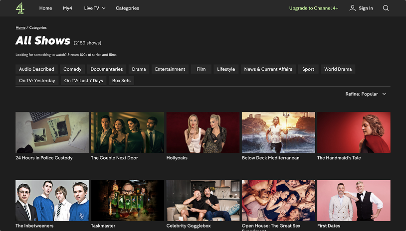 Channel4 streaming service homepage