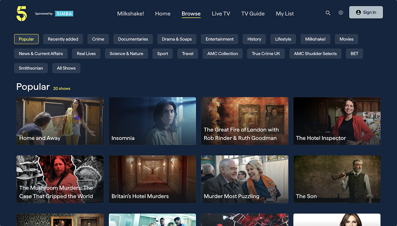Channel5 streaming service homepage