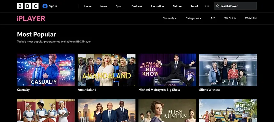 BBC iPlayer streaming service homepage