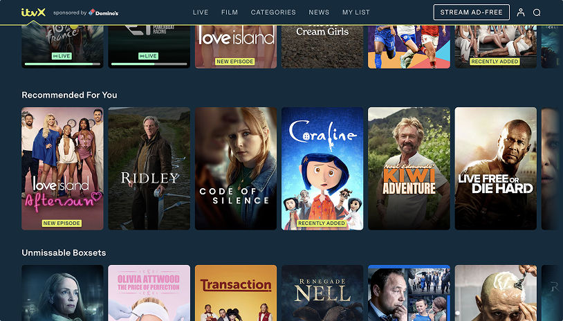 itvX streaming service homepage